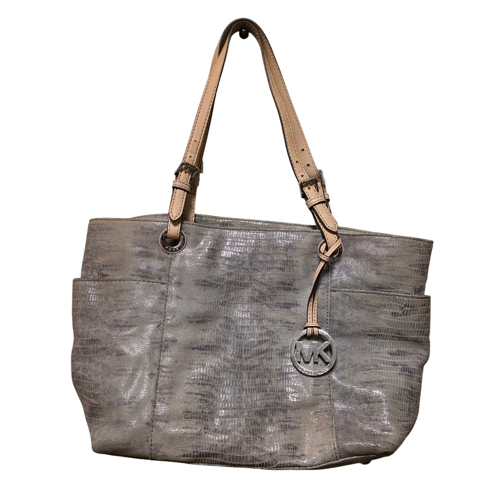 Michael Kors Metallic Grey Snake Embossed Leather Tote Bag Silver  Handbag‎